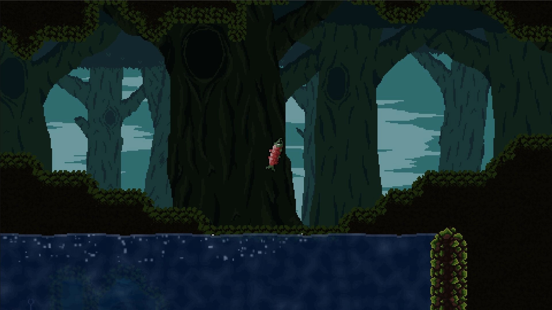 Upstream: Salmon leaping against tree in dense forest environment with water below