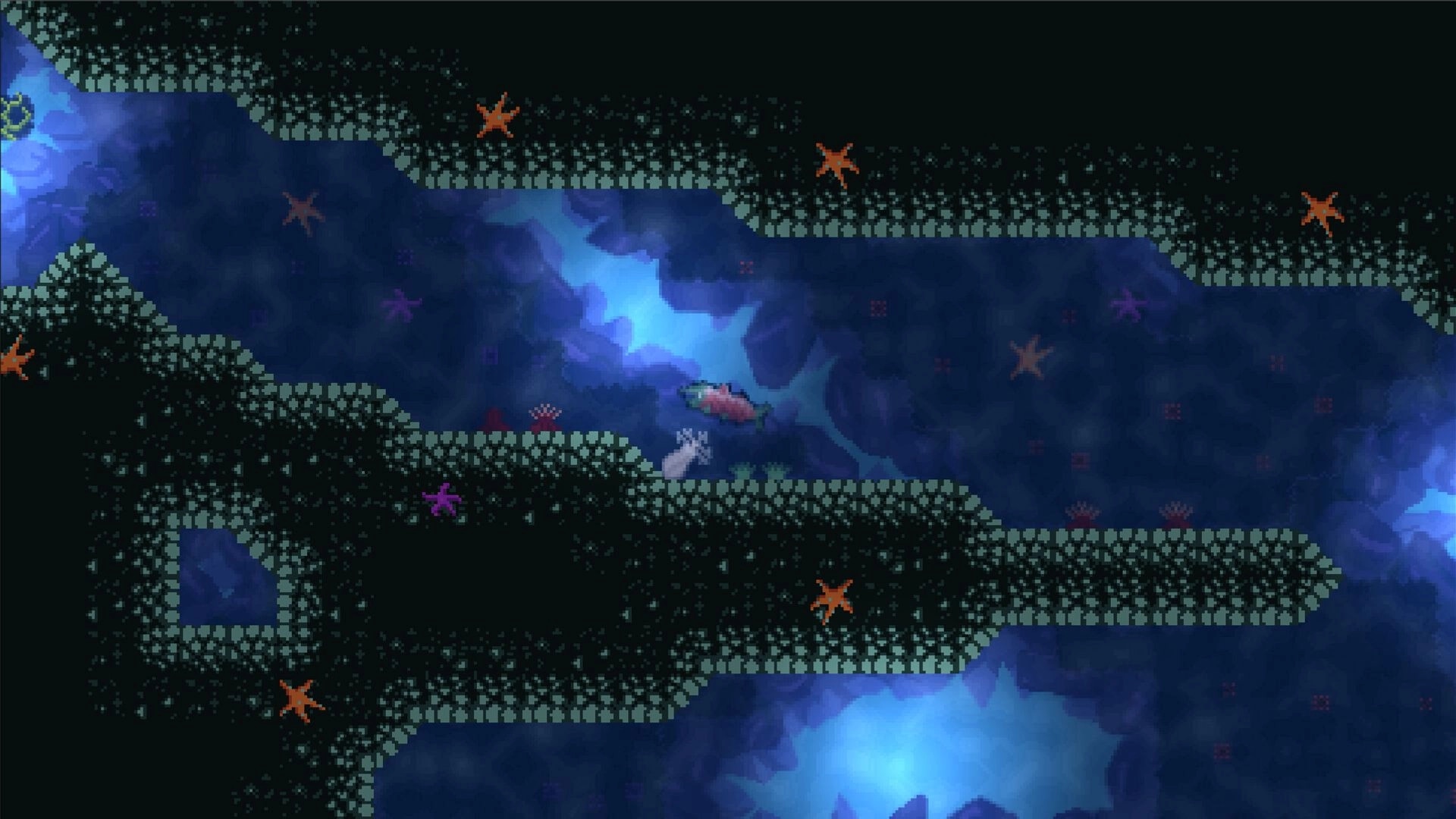 Upstream: Salmon swims through dark aquatic cave with glowing blue water and scattered starfish obstacles
