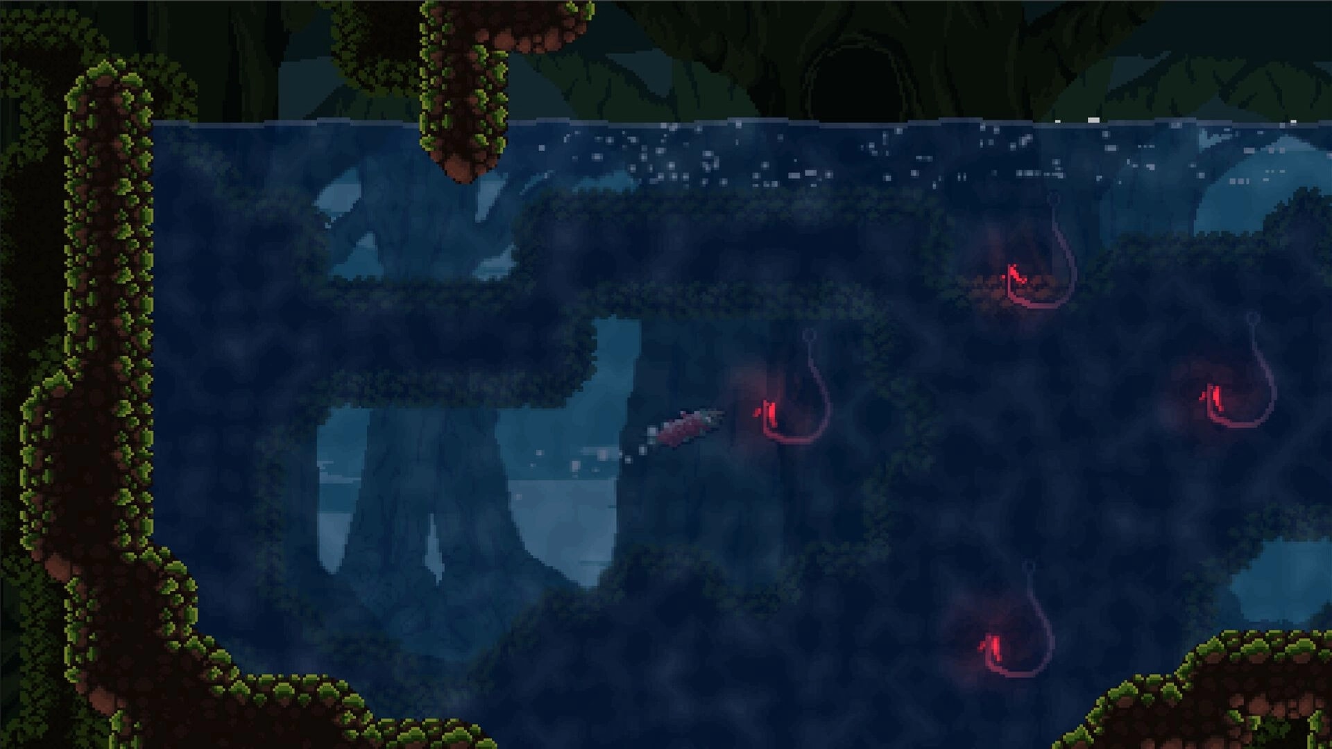 Upstream: Salmon navigating underwater cave with glowing red hooks and moss-covered rock walls