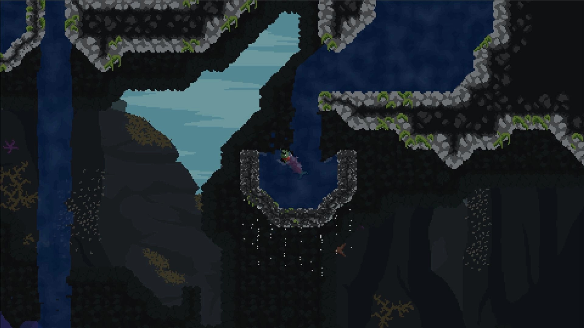 Upstream: Salmon navigating rocky waterfall terrain in pixelated cave environment