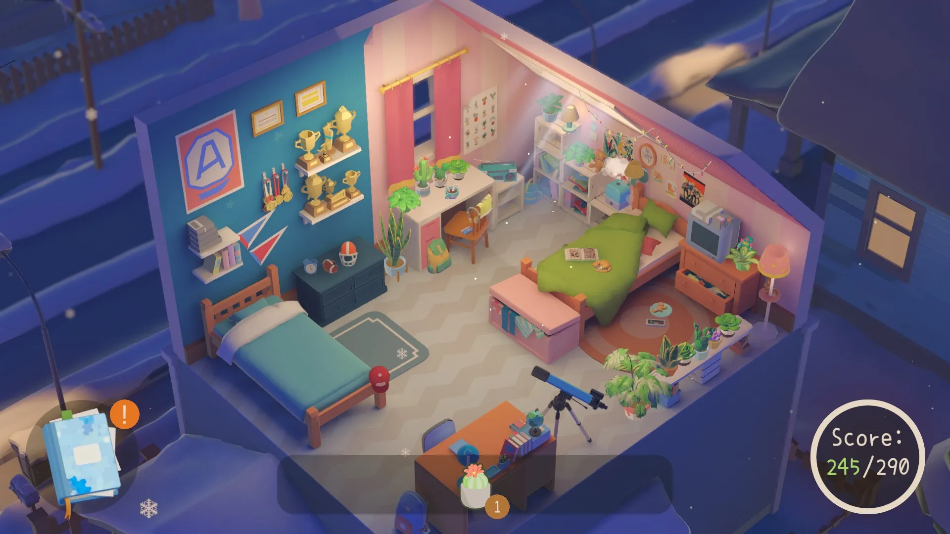 Urban Jungle: Cozy bedroom filled with plants and decorations, score displayed in bottom right corner.