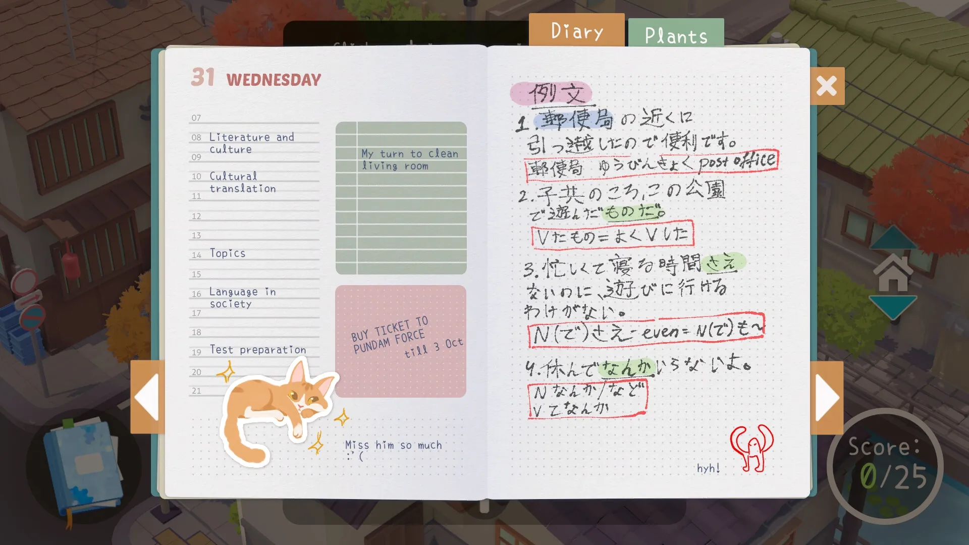 Urban Jungle: Open diary page with cat sticker and notes in cozy apartment setting