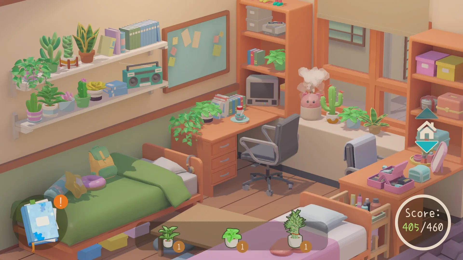 Urban Jungle: Cozy room filled with various plants, books, and a computer, score displayed in corner.