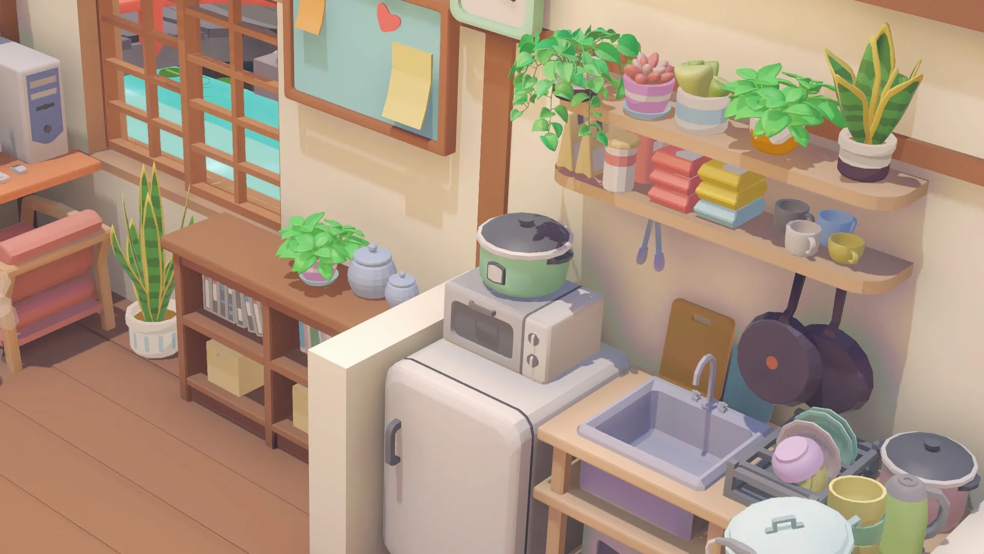 Urban Jungle: Cozy kitchen with lush plants, shelves filled with dishes, and a cat-friendly atmosphere