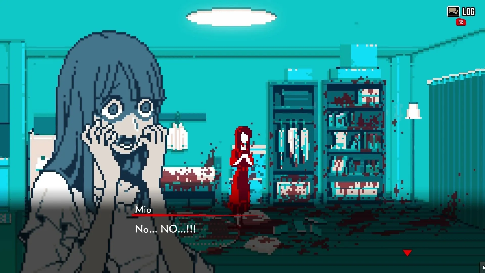Urban Myth Dissolution Center: Mio in shock with bloody figure near bookshelf in haunted room.