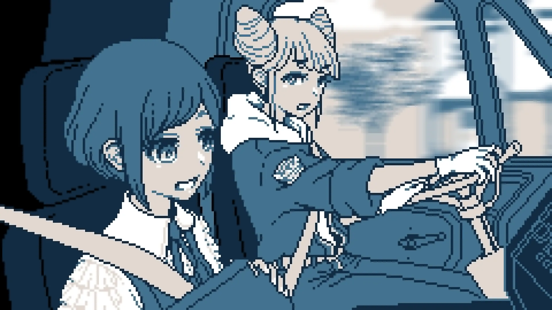Urban Myth Dissolution Center: Two characters in a car, one driving, in a pixel art city environment.