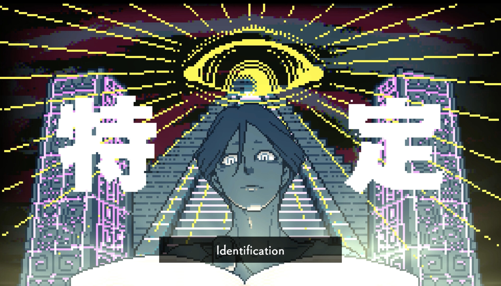 Urban Myth Dissolution Center: Character under a giant eye with glowing symbols on mystical staircase.