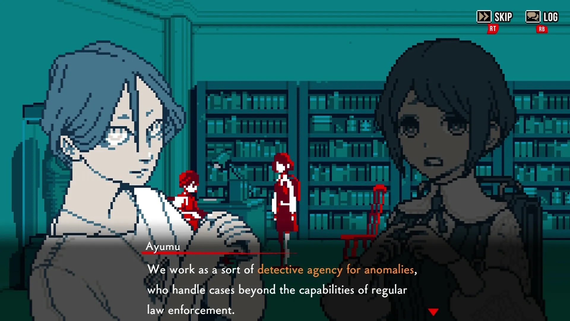Urban Myth Dissolution Center: Ayumu discusses anomaly cases in a library setting with bookshelves.