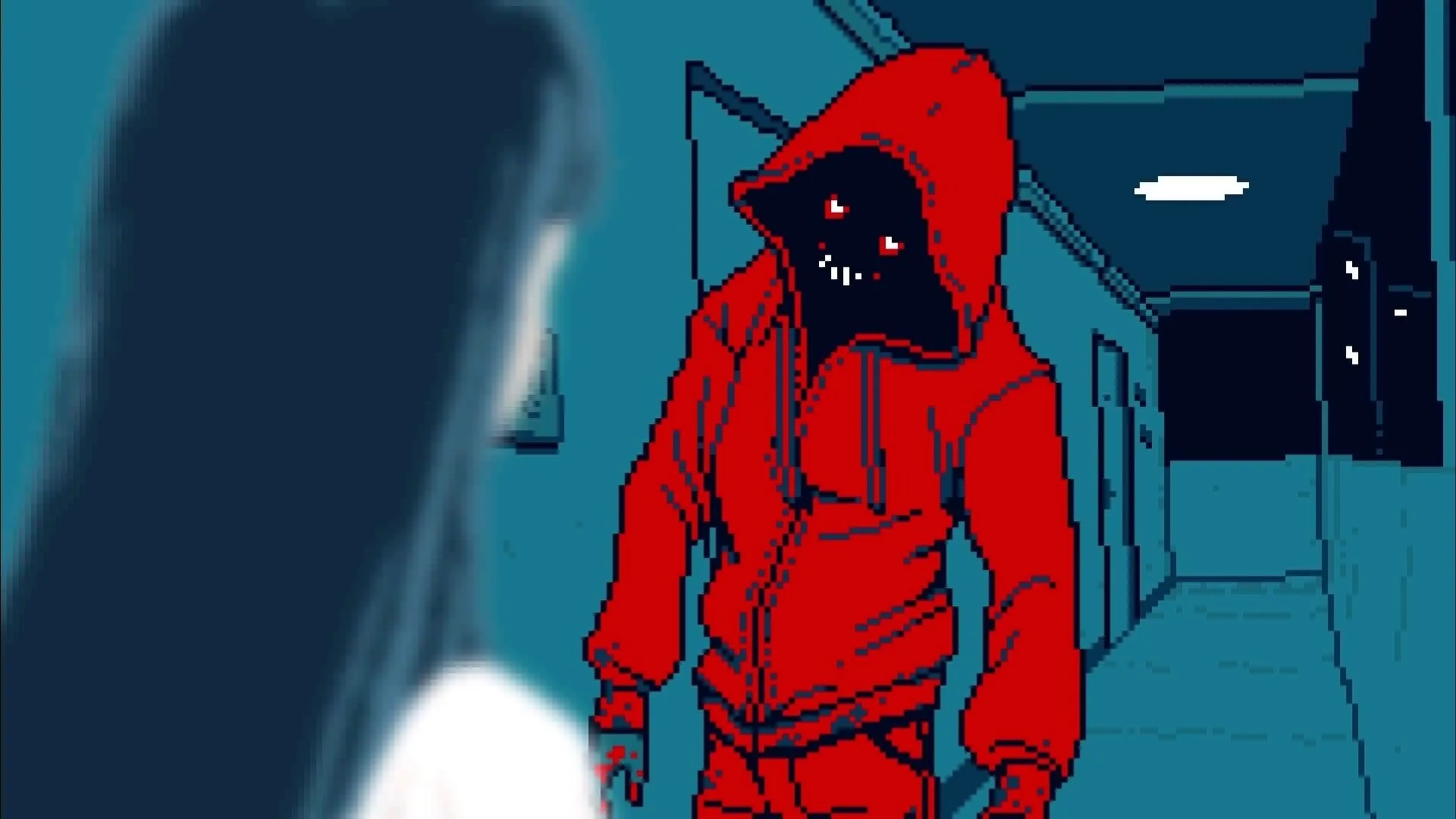 Urban Myth Dissolution Center: Confronting hooded figure in eerie, dimly-lit corridor