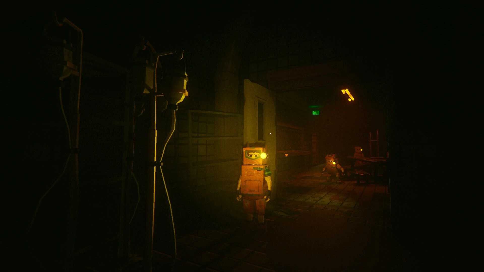 Urbex: Player in cardboard robot suit explores dim corridor with exit sign and another figure ahead.
