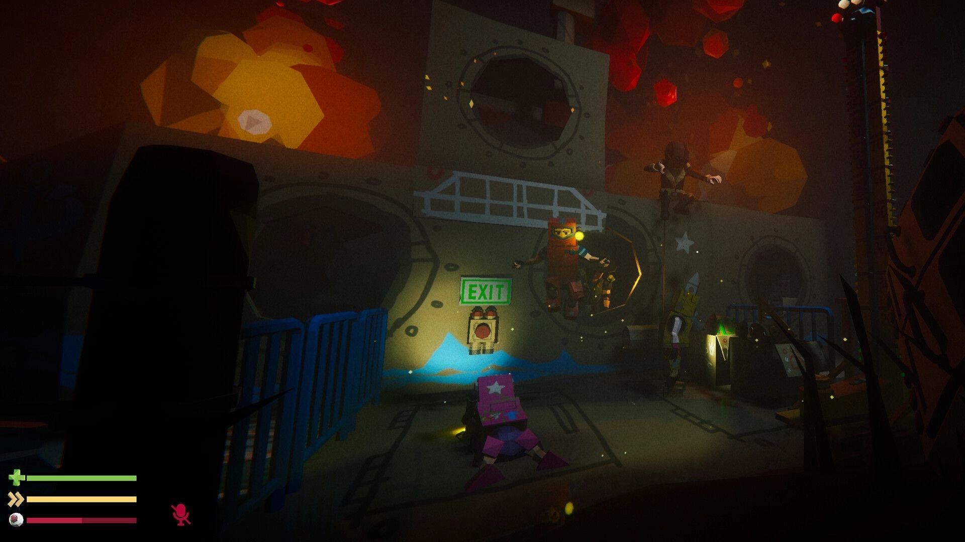 Urbex: Players gather by a glowing EXIT sign inside a wrecked submarine room with health bars HUD.