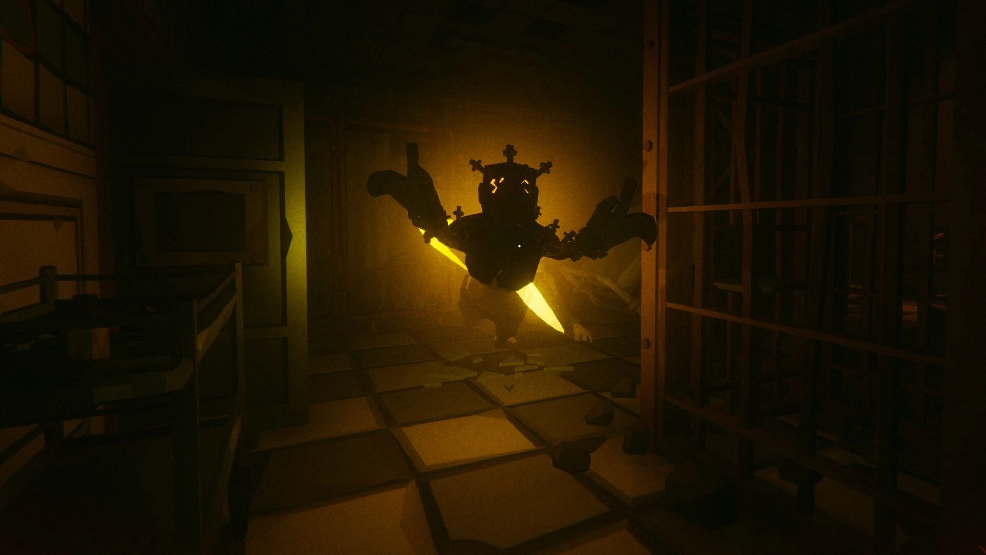 Urbex: Glowing-eyed monster blocks a smoky hallway, holding a bright blade in dim corridor.