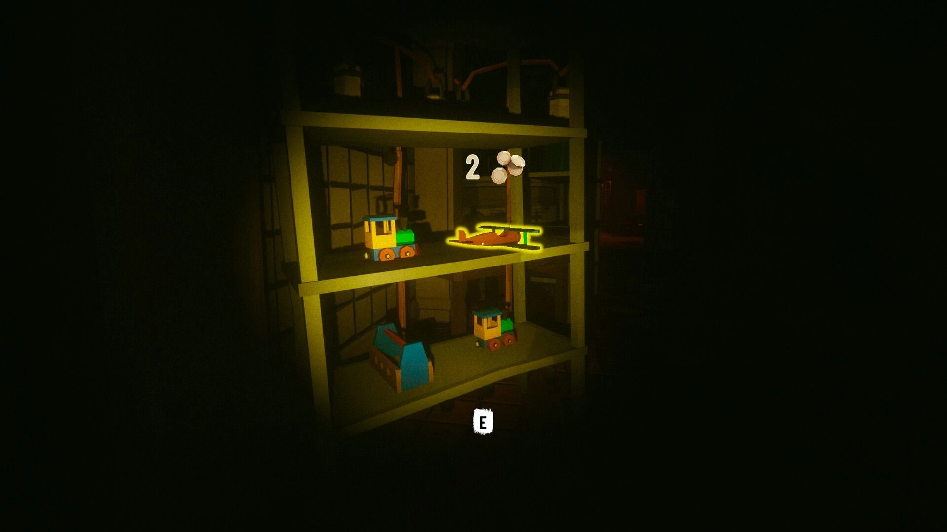 Urbex: Highlighted toy plane on shelf with E prompt in dim basement storage room with toys.