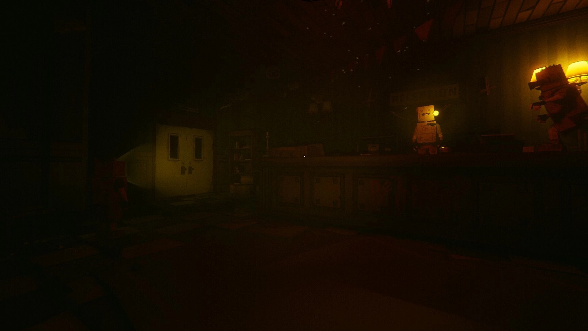 Urbex: First-person view with crosshair facing toy robots in a dim, dusty workshop room.