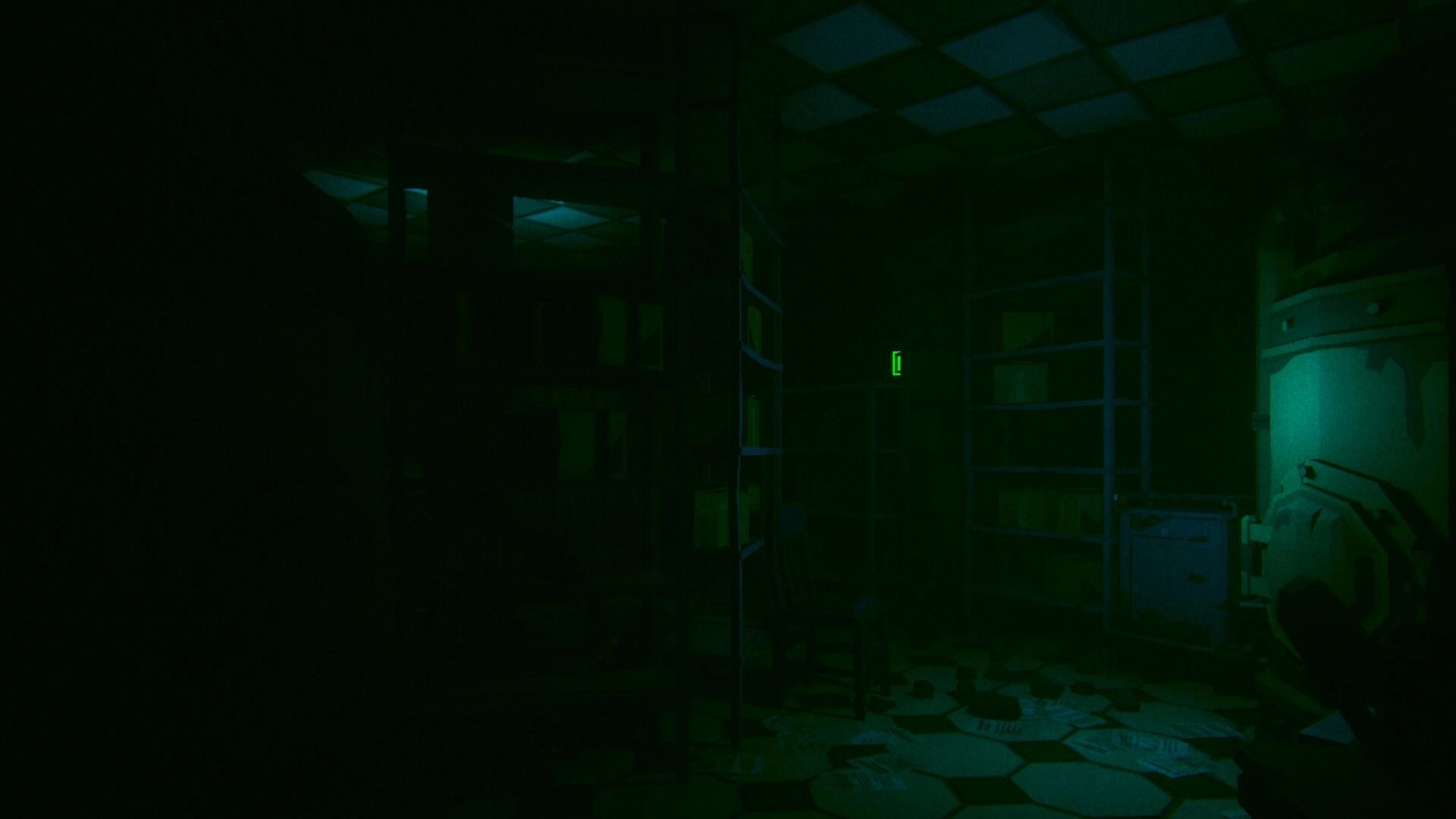 Urbex: Player aims flashlight at a green-lit corridor with shelves and a heavy vault door.