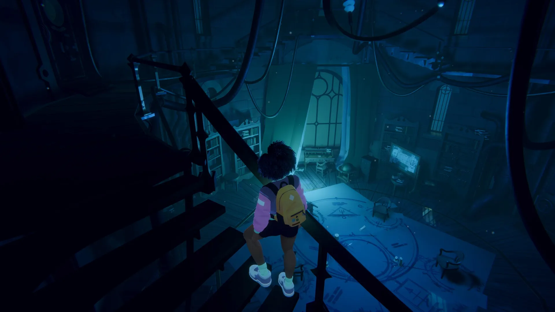 Usual June: Player explores a dimly lit laboratory with scattered papers and glowing screens