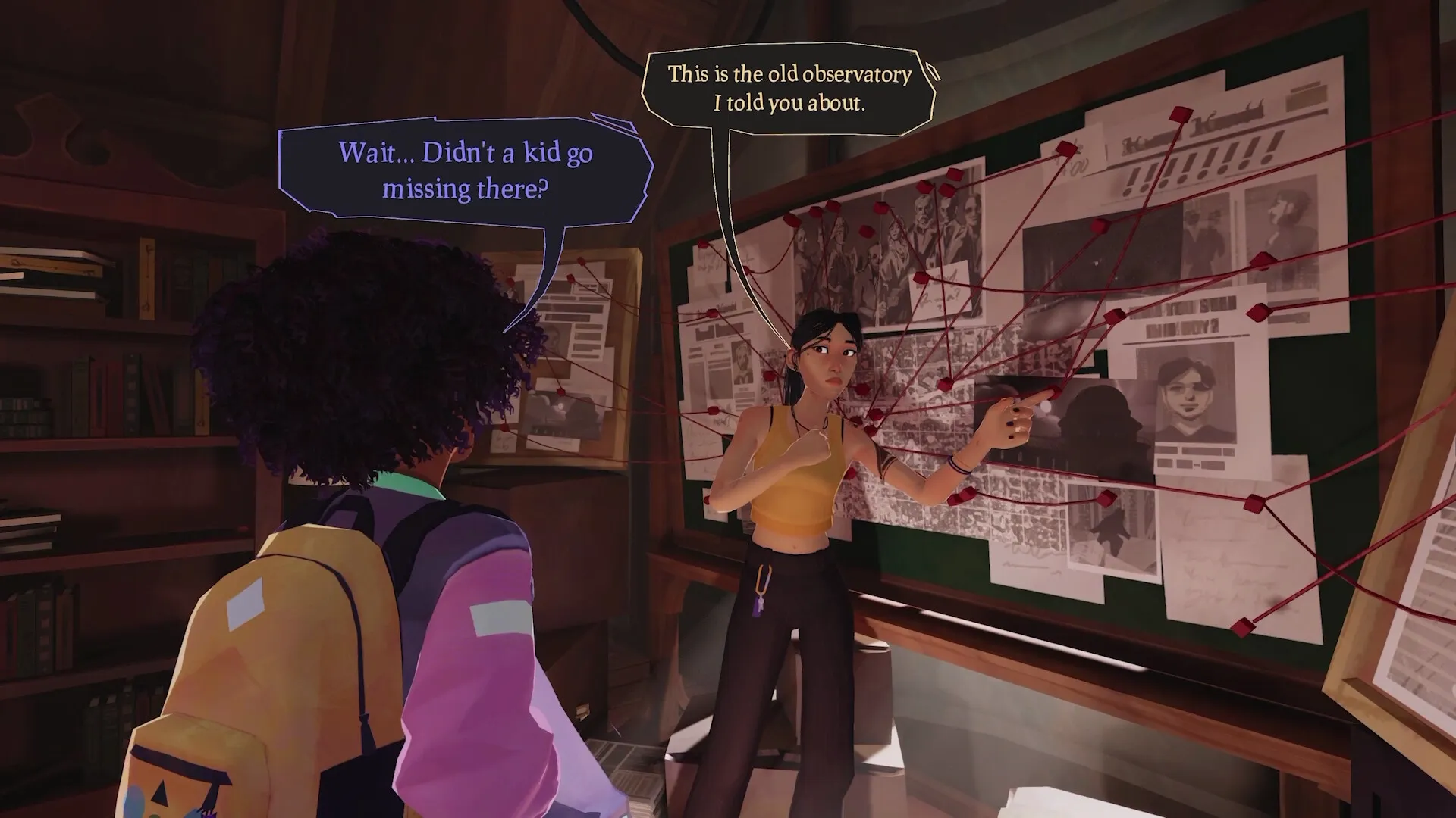 Usual June: Two characters discuss clues on a bulletin board with red strings in a dimly lit room.
