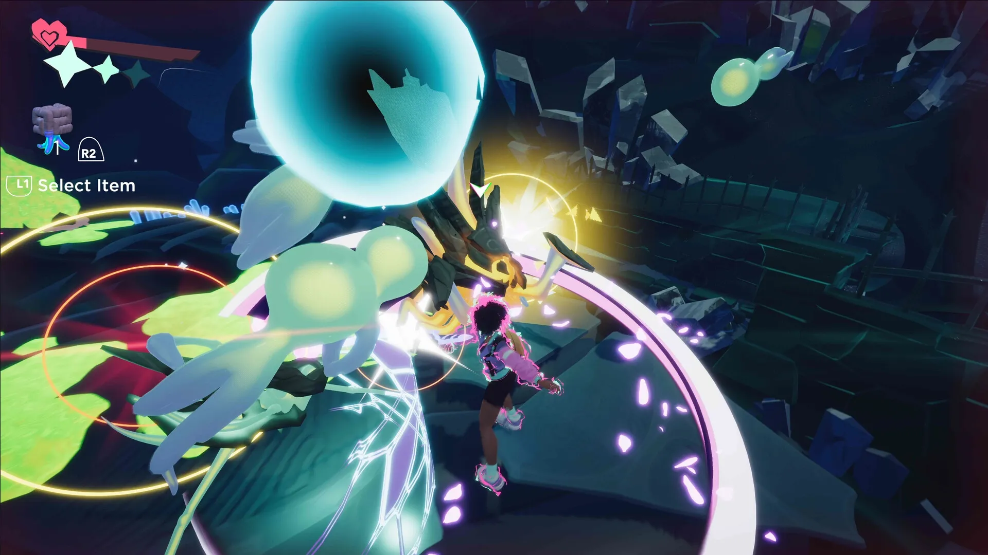 Usual June: Player battles glowing creatures with energy rings in a dark forest environment