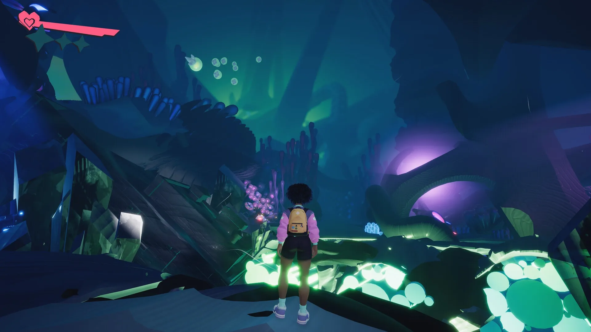 Usual June: Character exploring glowing cave with neon plants and heart-shaped health bar visible