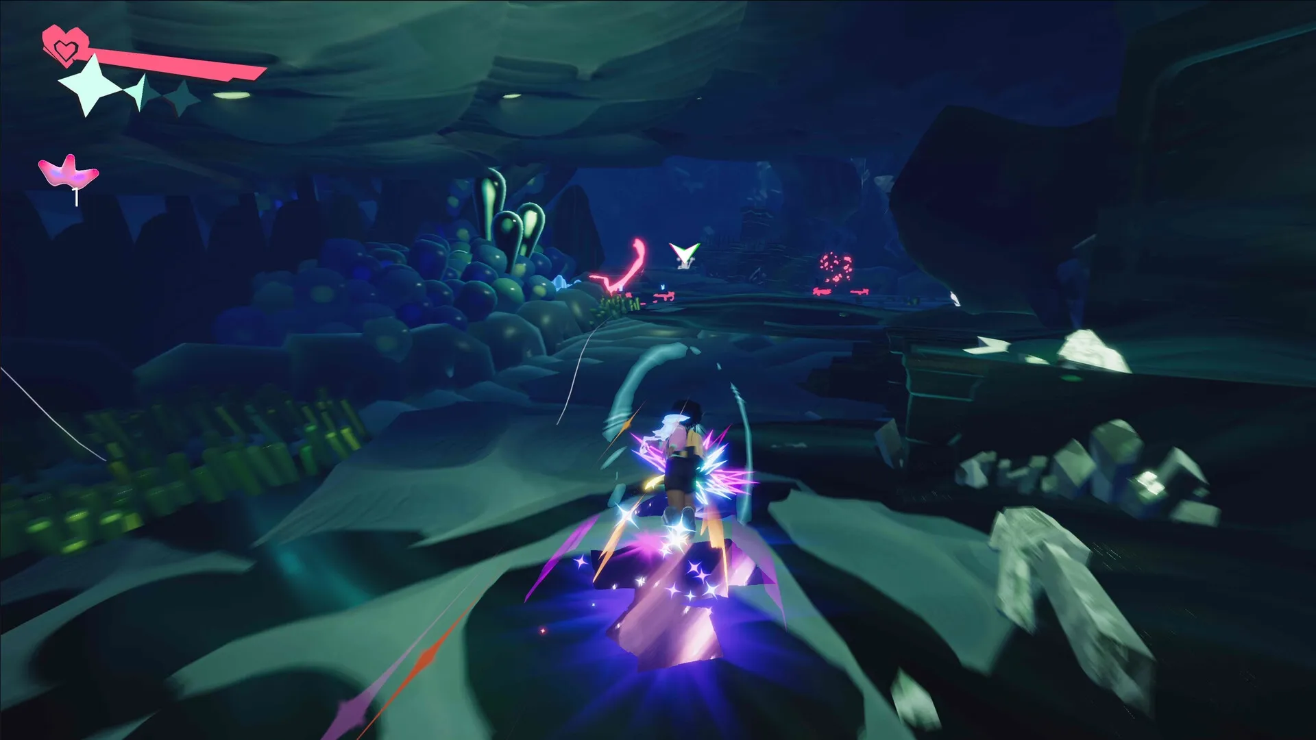 Usual June: Character rides glowing platform in colorful cave environment with health bar and stars visible.