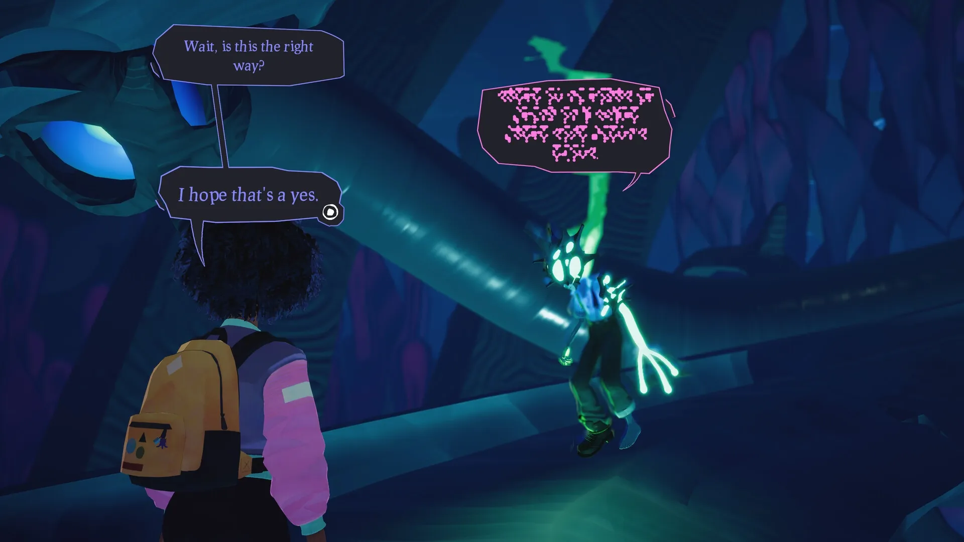 Usual June: Character with backpack converses with glowing creature in a mysterious, dark cavern setting.