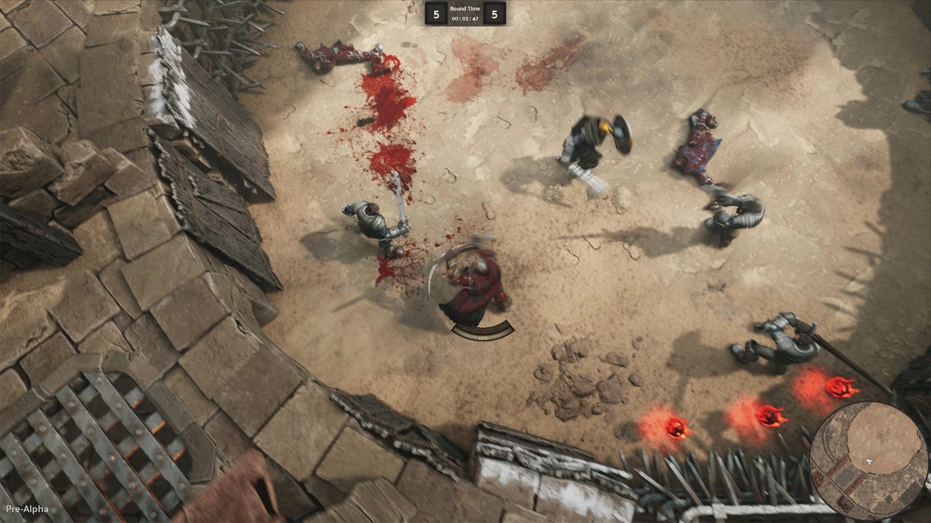 Usurpator: Player in intense melee combat with enemies in a sandy arena, health bar visible