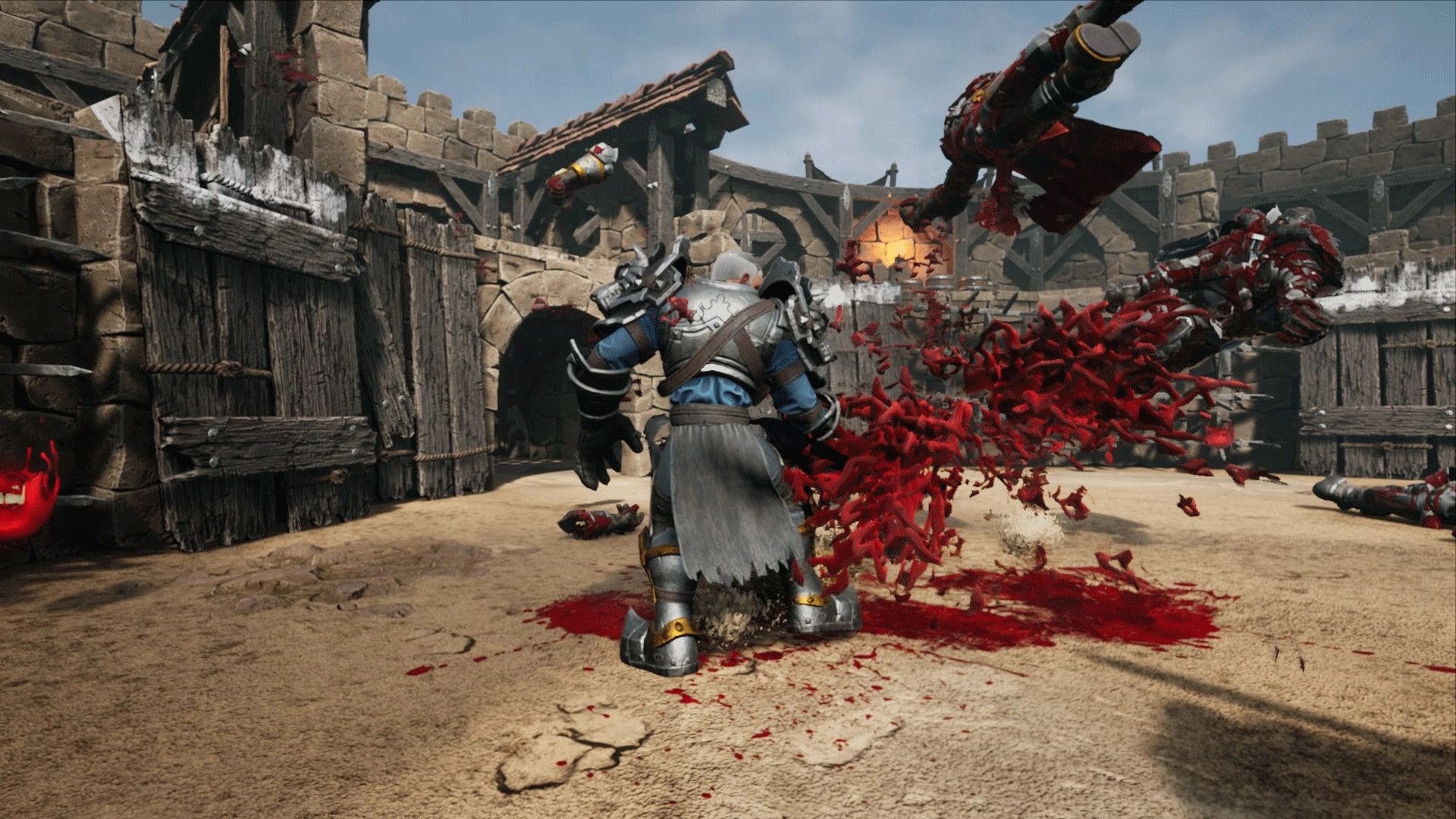 Usurpator: Knight battling enemies in a medieval arena, with blood effects and fortress walls visible.