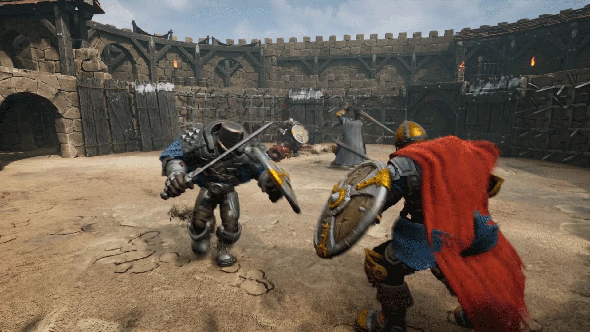 Usurpator: Intense melee combat between armored warriors in a stone-walled arena setting