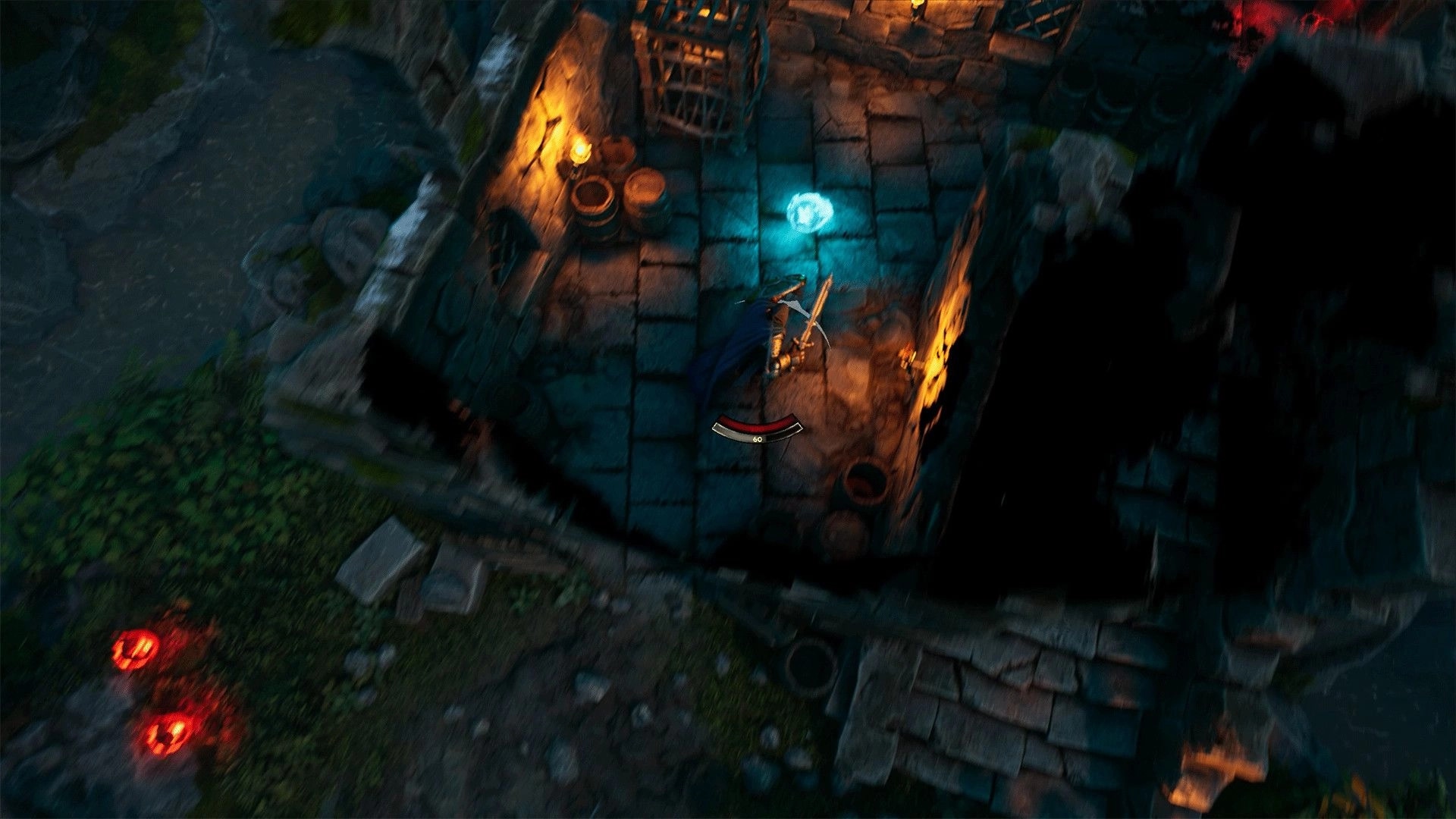 Usurpator: Character in dungeon wielding sword near glowing orb and health bar, surrounded by torches