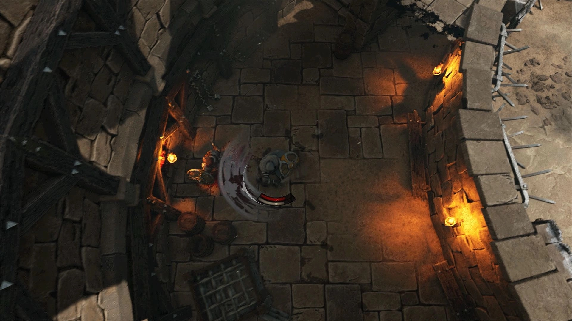 Usurpator: Top-down melee combat in a dimly lit stone dungeon with torches and scattered barrels