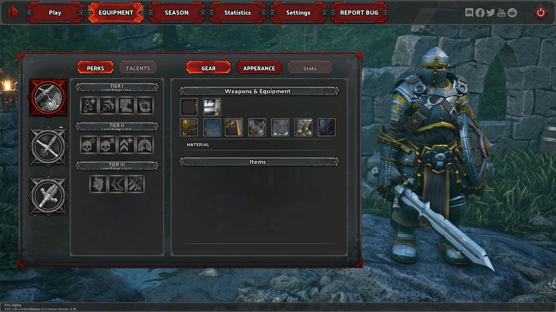 Usurpator: Gear menu with character in armor holding sword in stone ruins environment