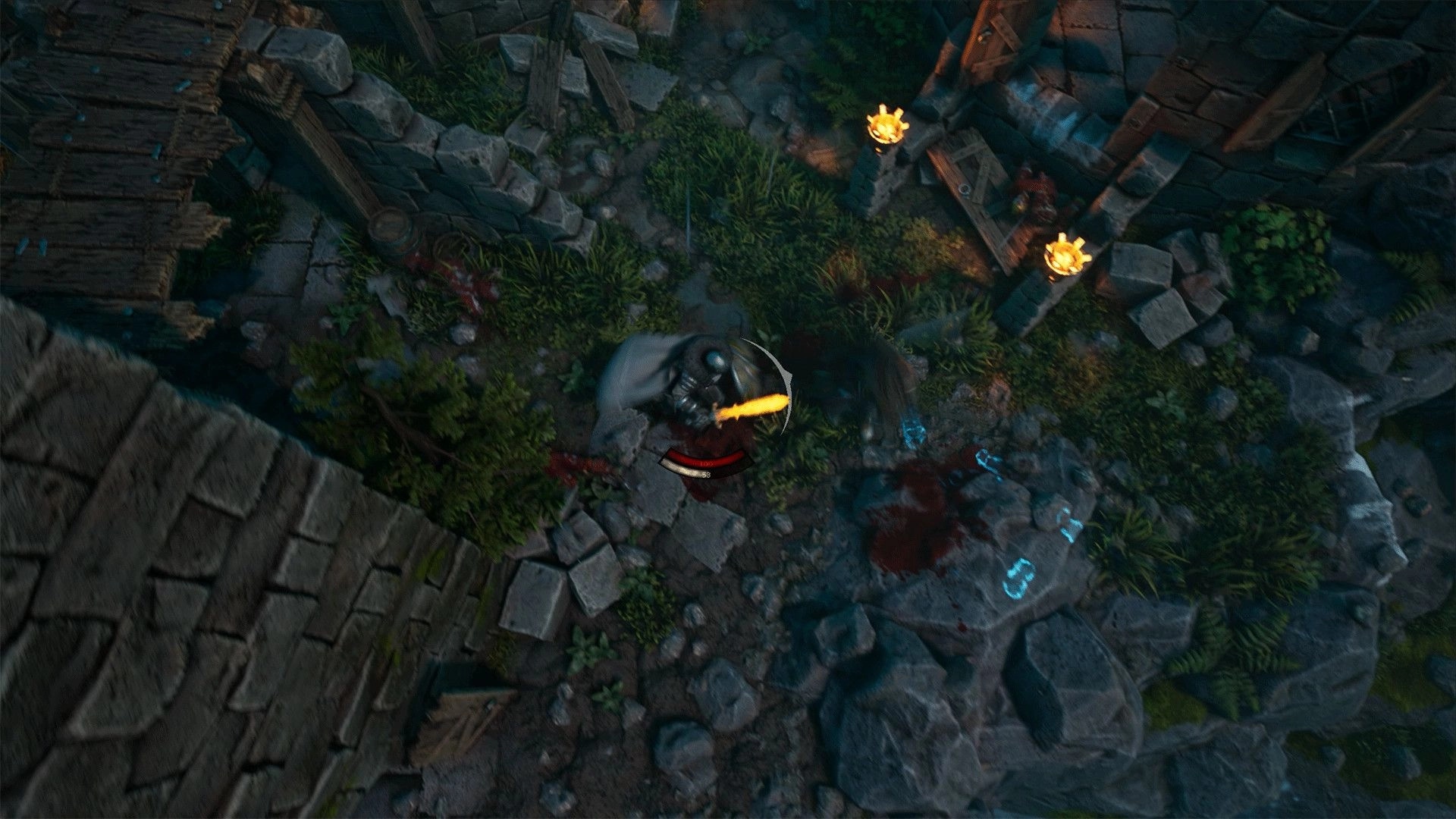 Usurpator: Player in armor wielding a glowing sword battles enemies in a stone ruin with torches.