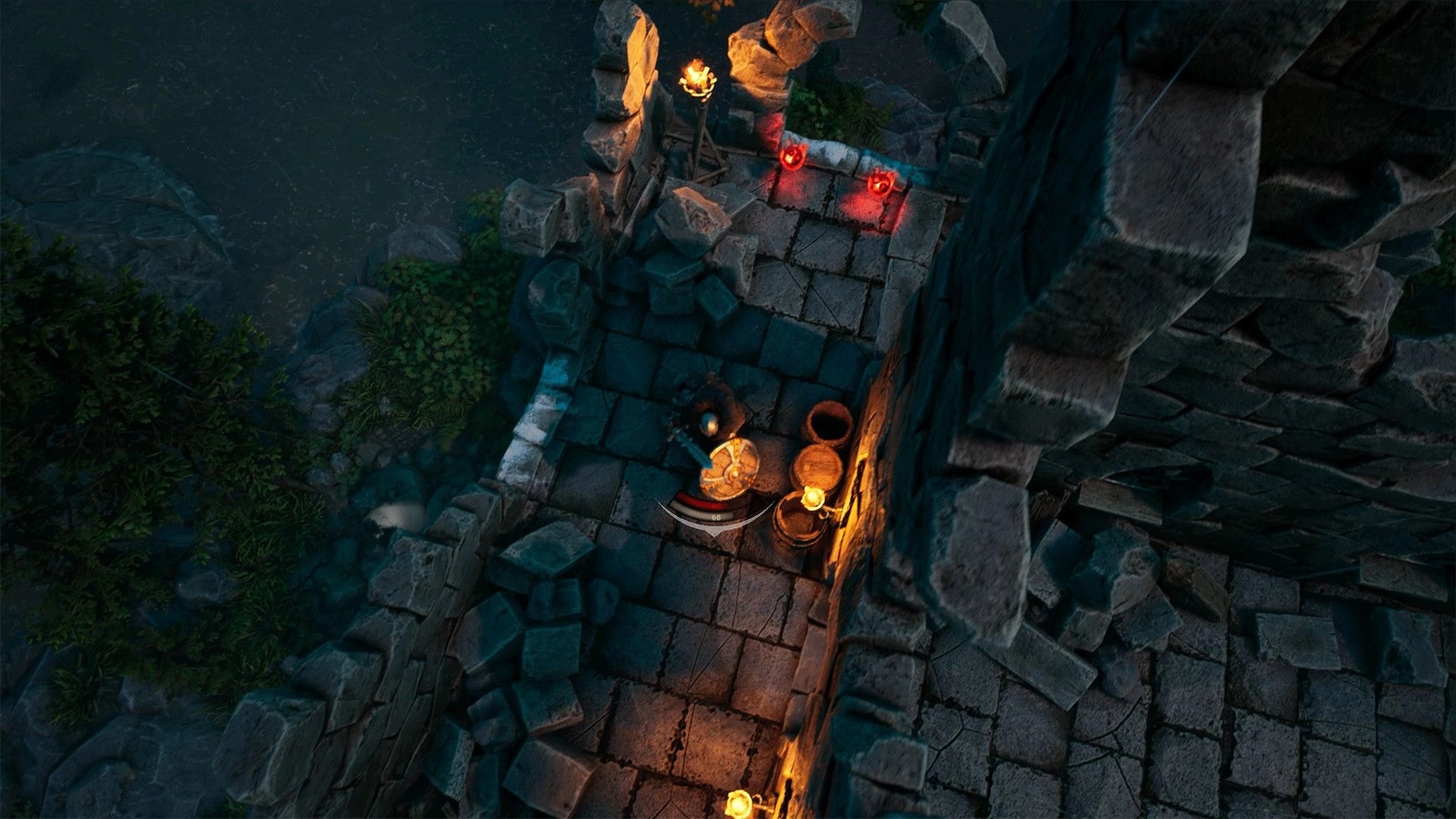 Usurpator: Character exploring ruined stone walkway with torches illuminating path and scattered debris