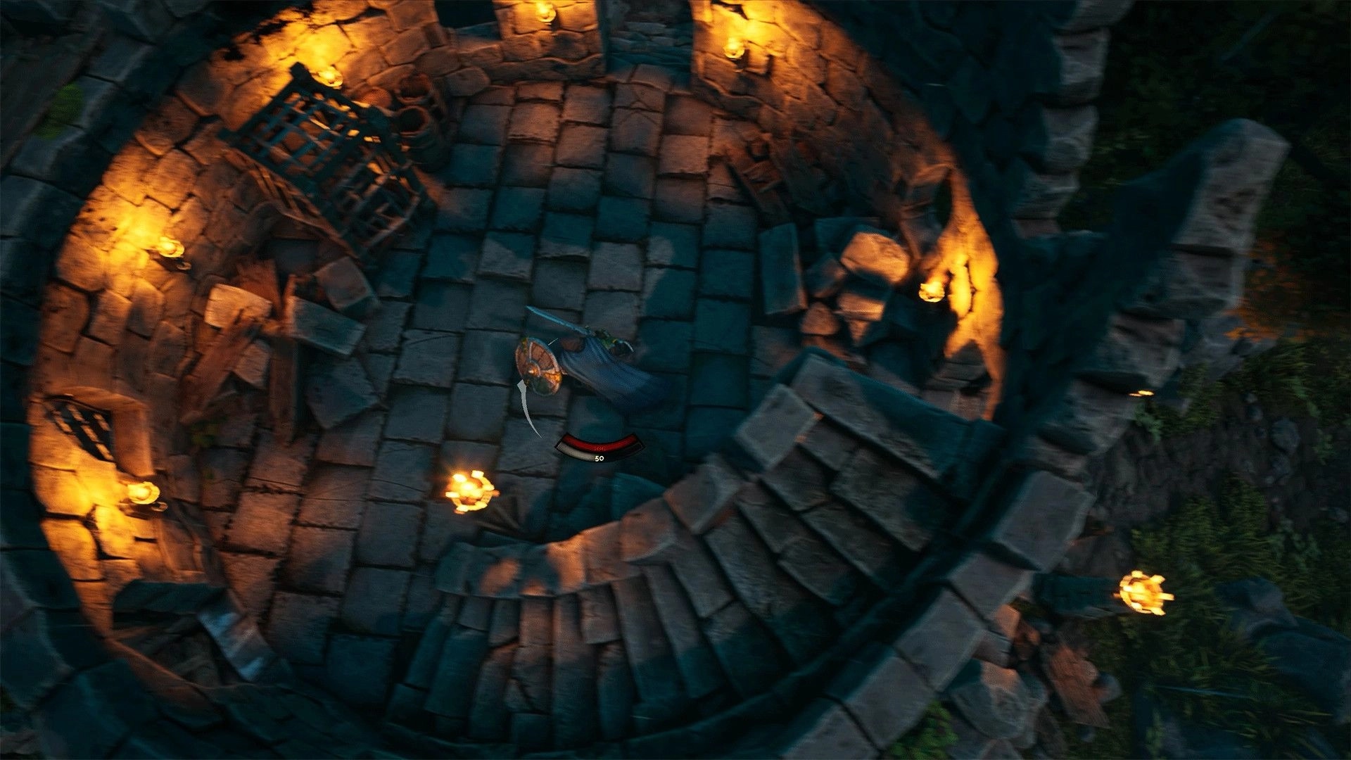 Usurpator: Character descending spiral staircase in dimly lit stone tower with torches and debris