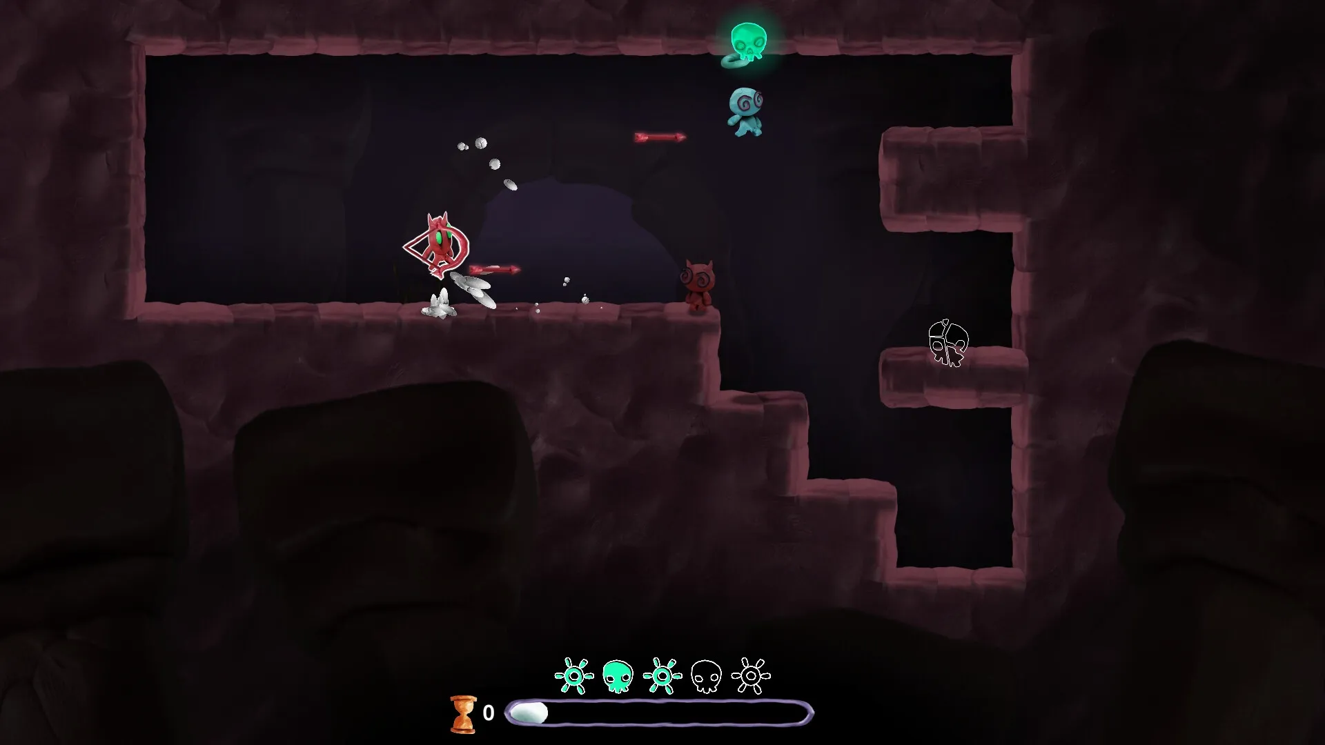 UVSU: Red character jumps over spikes in a dark cave with ghost icons and energy bar at the bottom.