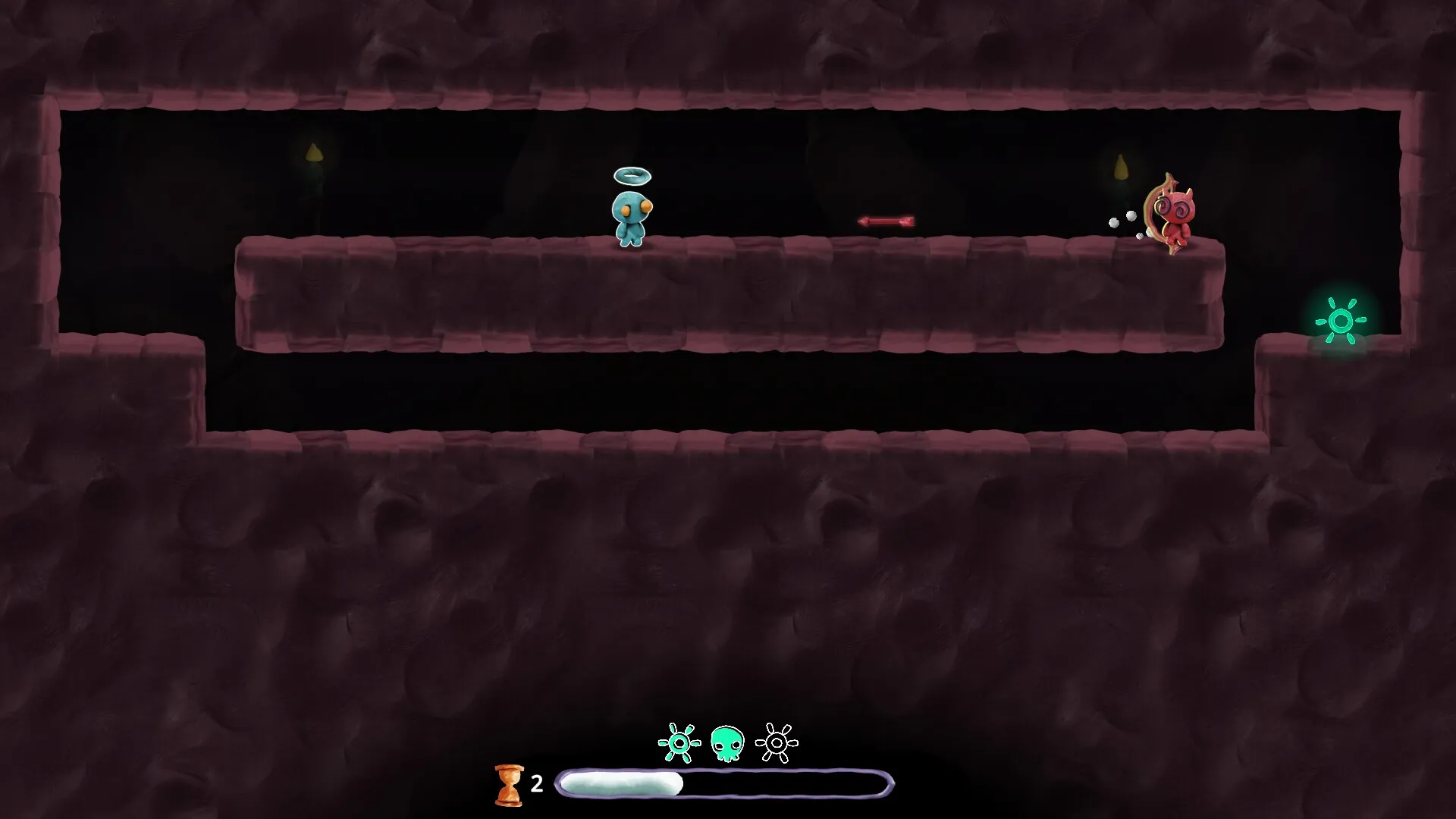 UVSU: Character navigates dark cave corridor, facing an enemy and glowing orb with UI elements displayed