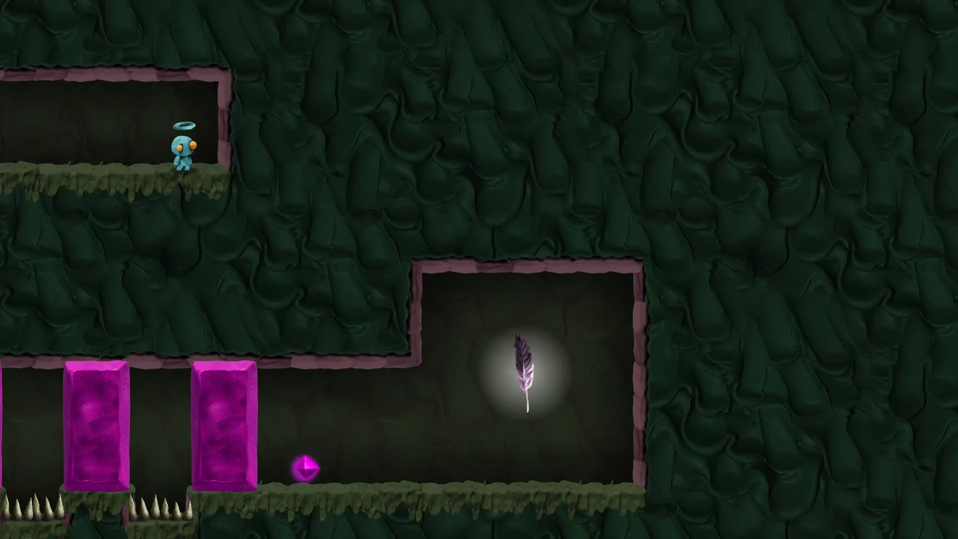 UVSU: Blue character near purple portals and glowing feather in dark clay cave environment