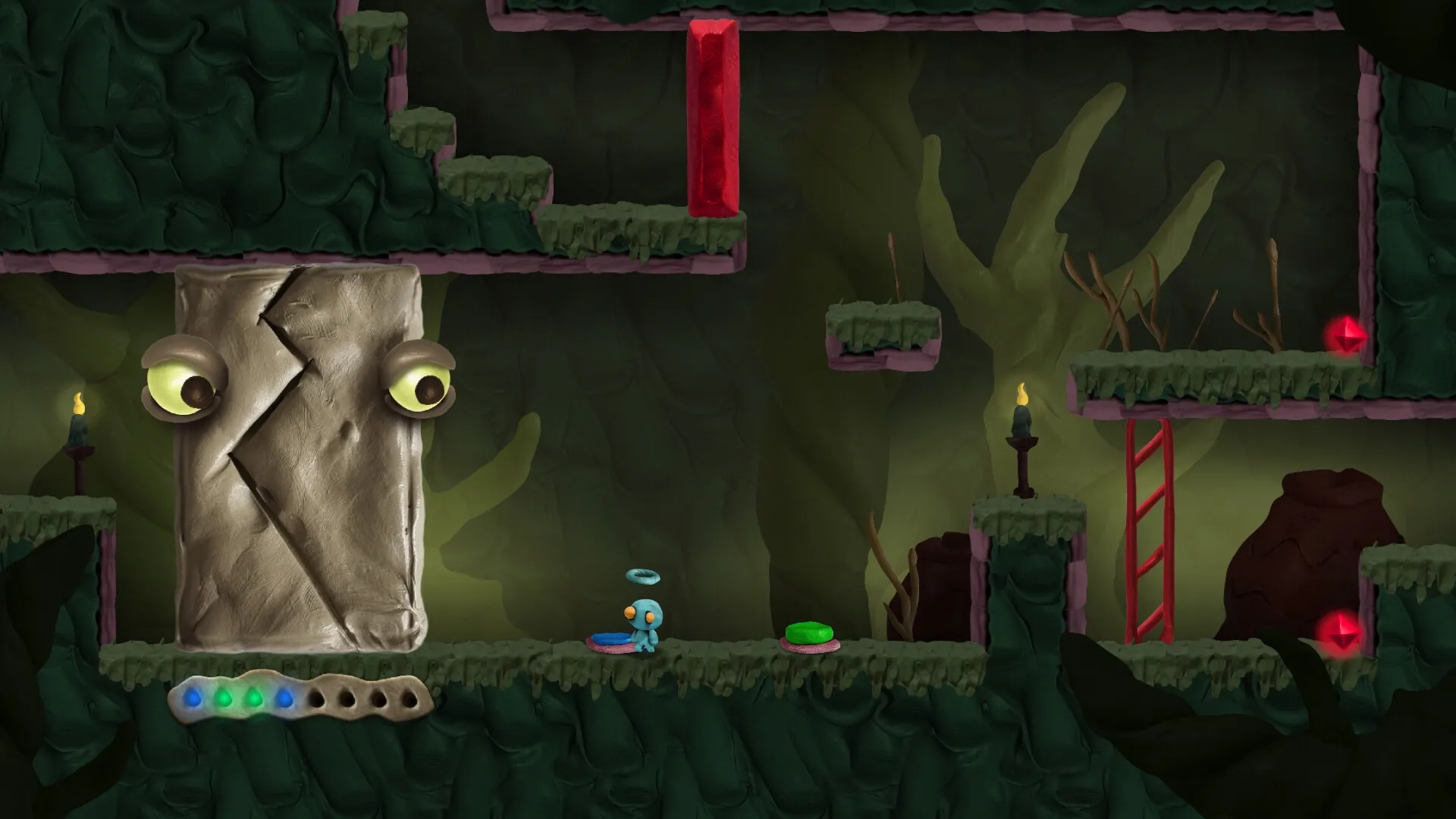 UVSU: Player character interacts with a large stone face in a dimly lit cave with platforms and torches.