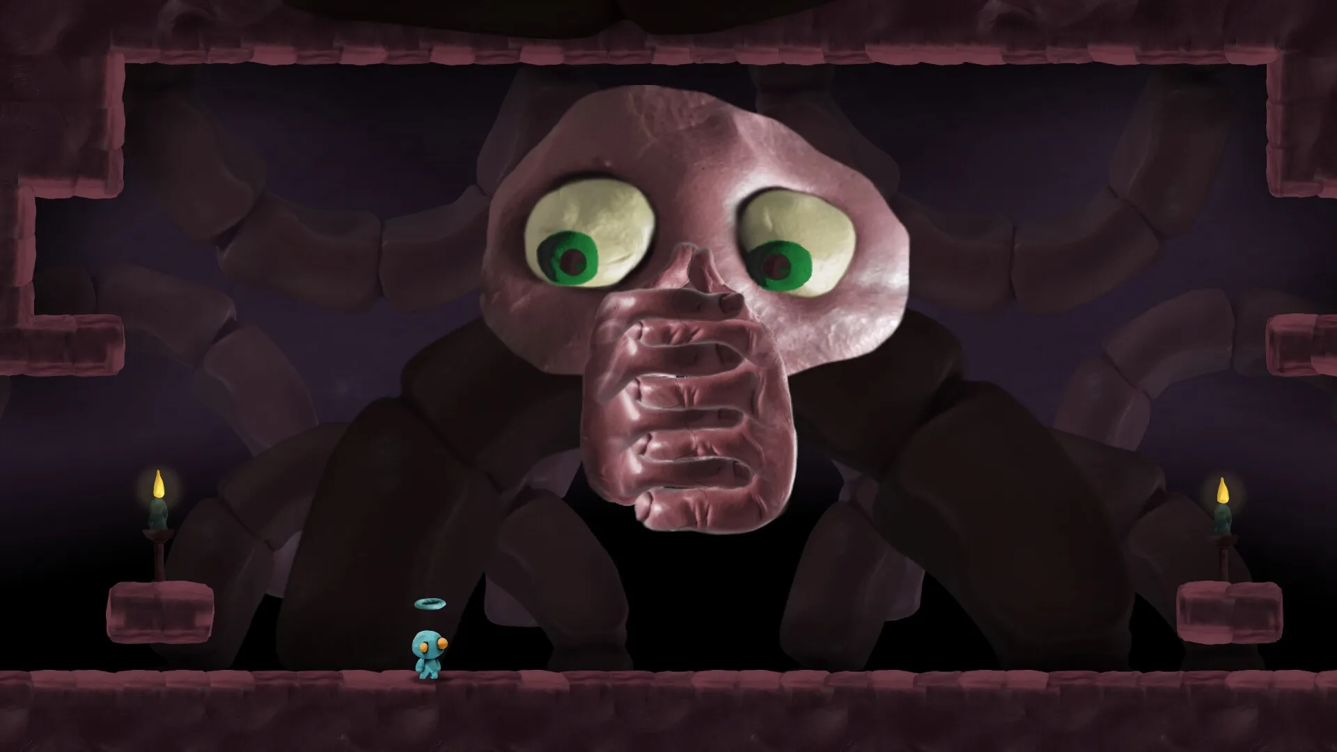 UVSU: Tiny character faces giant clay monster in dimly lit cave with candles on either side