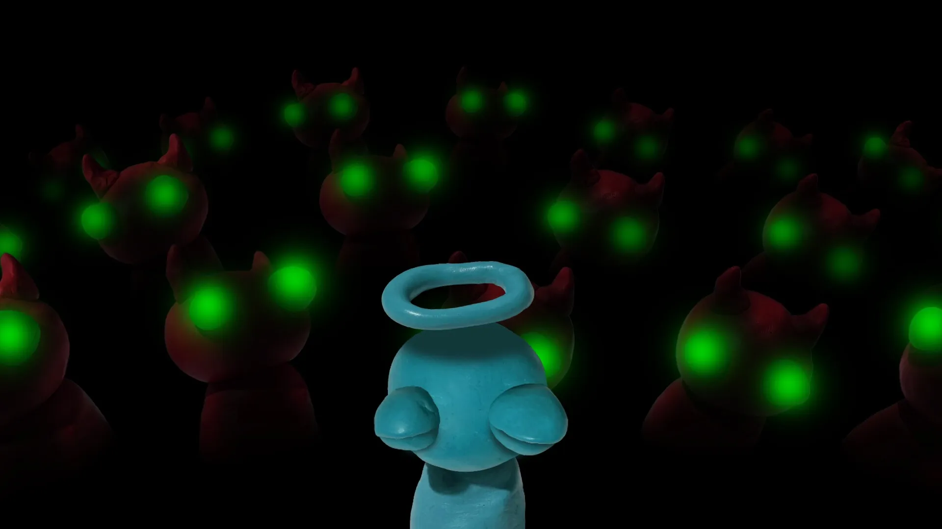 UVSU: Blue character with halo confronted by glowing-eyed figures in a dark, mysterious environment