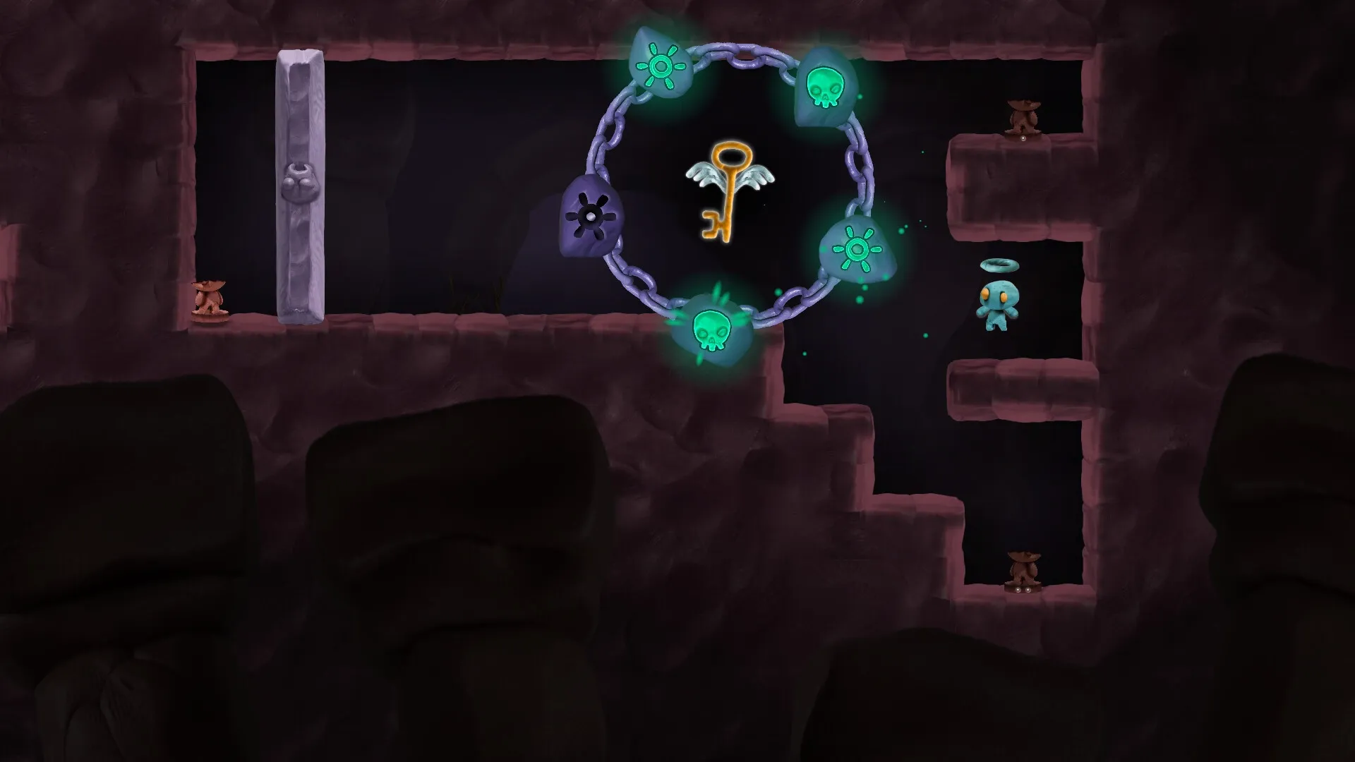 UVSU: Haloed character climbs platforms in a dark cave with glowing key and skull symbols nearby
