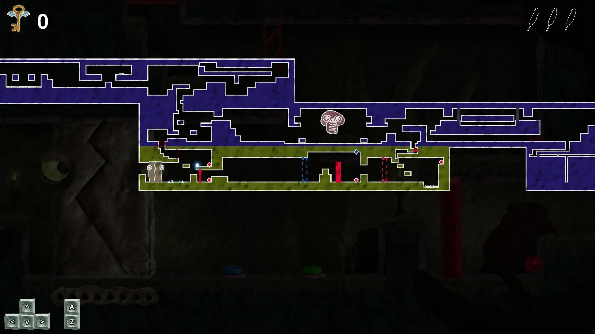 UVSU: Detailed map view with maze-like paths, key counter, and arrow controls in a dark clay cave.