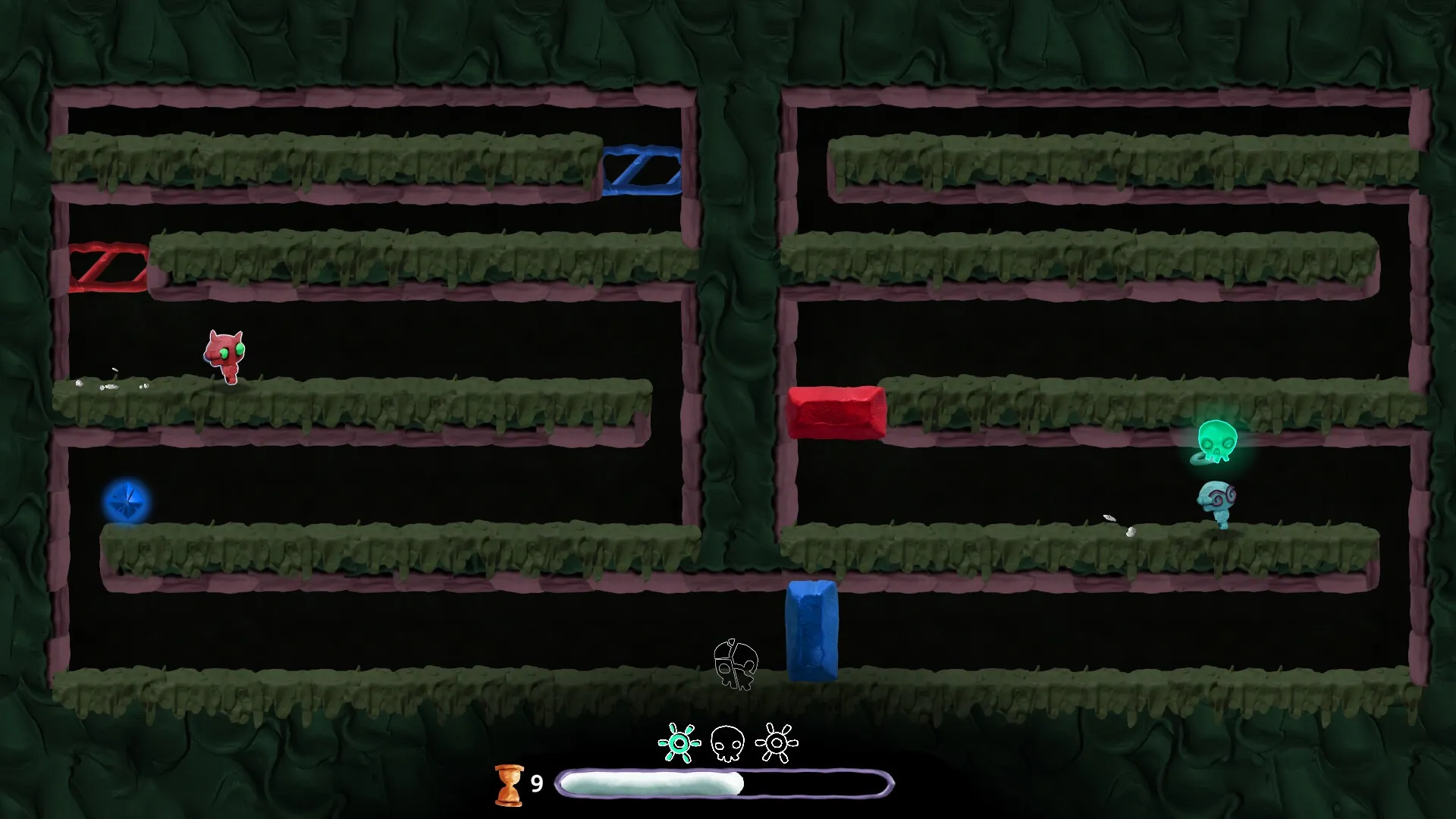 UVSU: Two characters navigate a multi-level clay maze with colorful barriers and glowing skull icon
