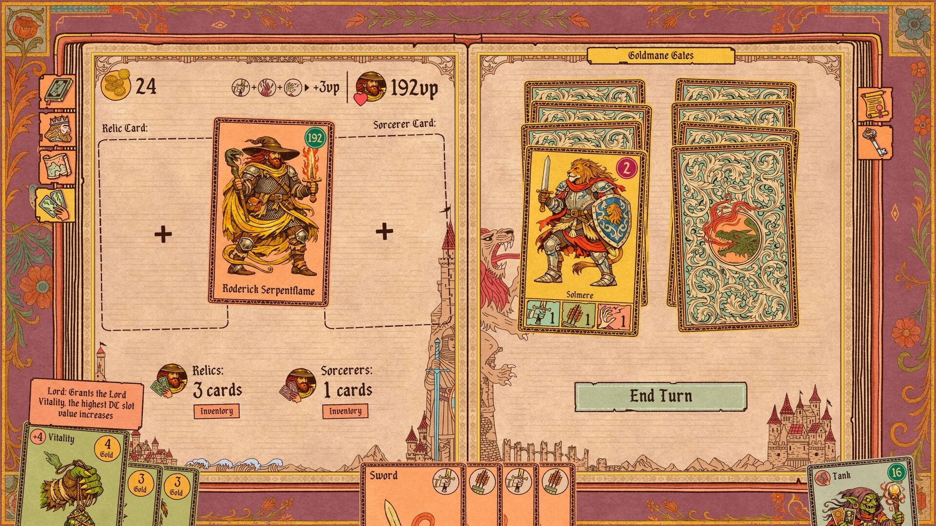 Vaethorn: Card battle UI with Roderick Serpentflame and enemy Salmere on an open storybook page.