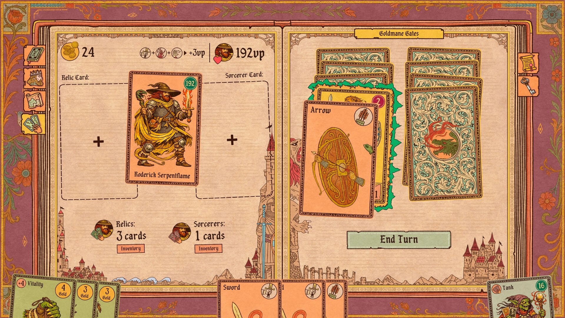 Vaethorn: Card battle UI with Roderick Serpentflame and hand cards on an open storybook page.
