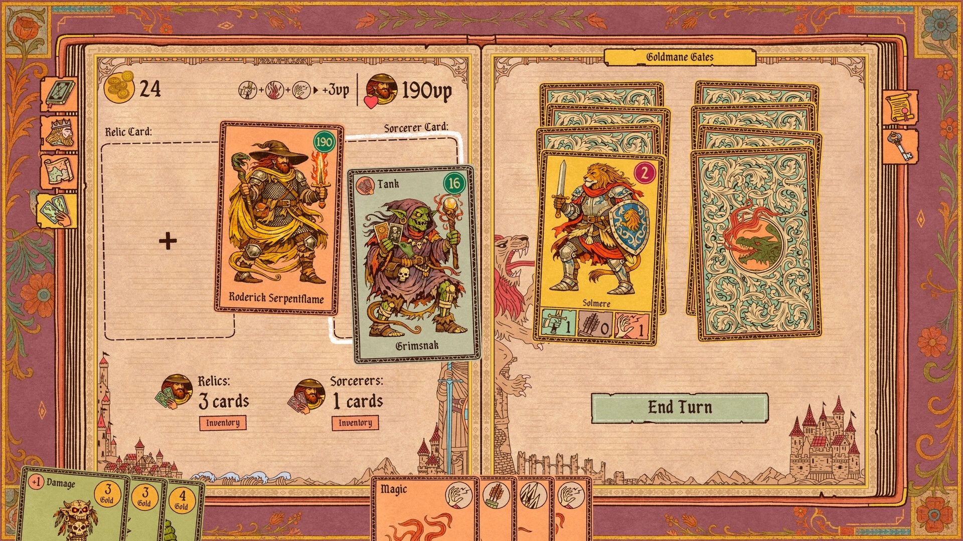 Vaethorn: Card battle interface with hero and enemy cards on an open storybook, End Turn button.