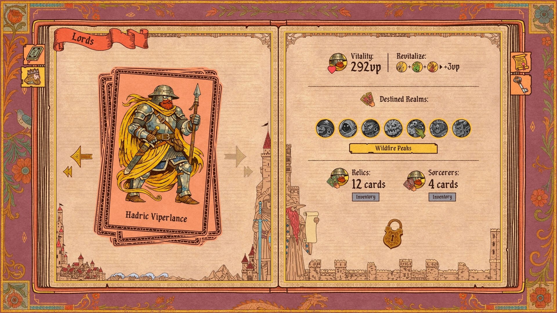 Vaethorn: Lords selection showing Hadric Viperlance card and Vitality, relics, and realms UI in book.