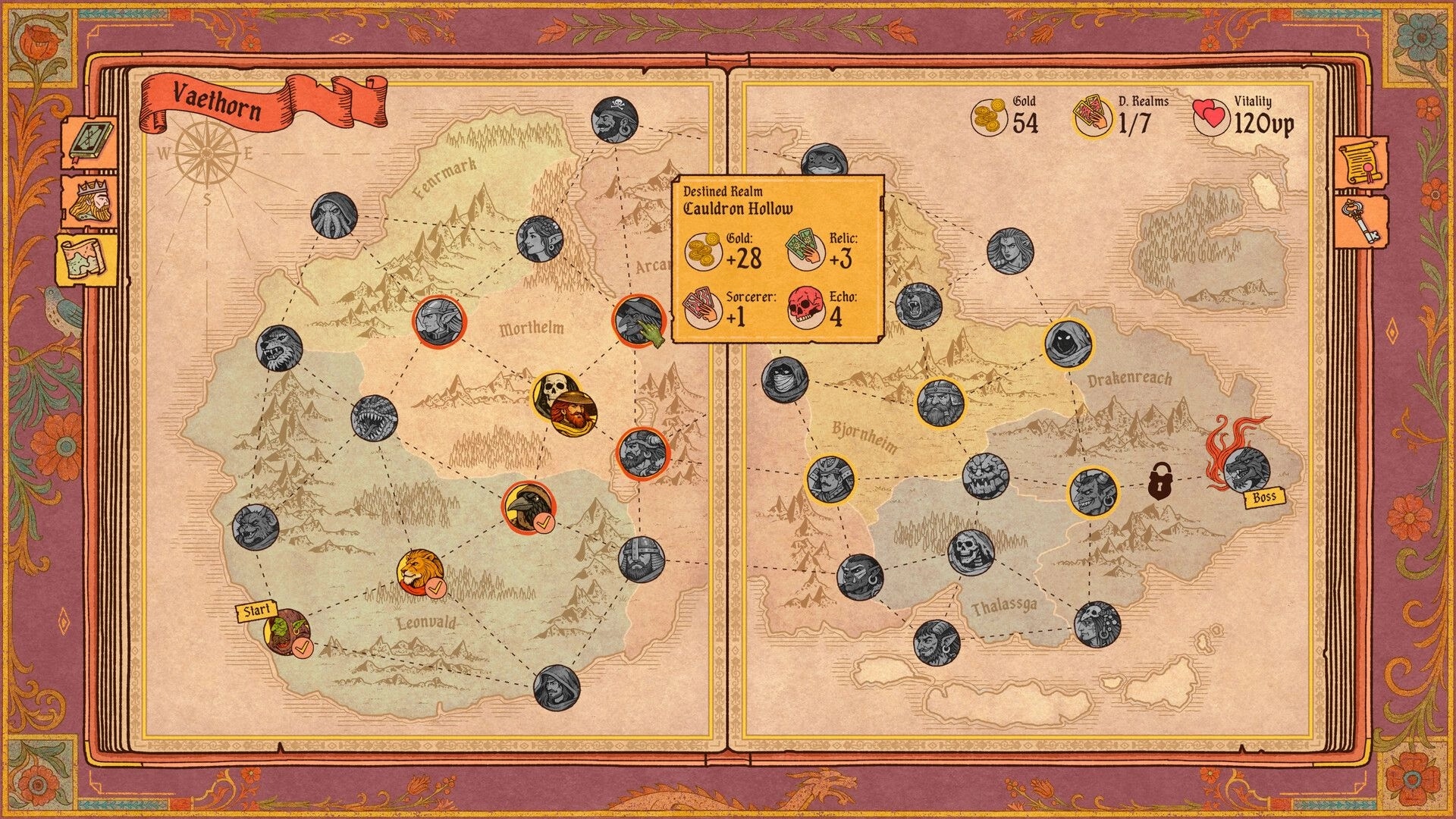 Vaethorn: World map route selection with realm nodes and boss icon on an open storybook map.