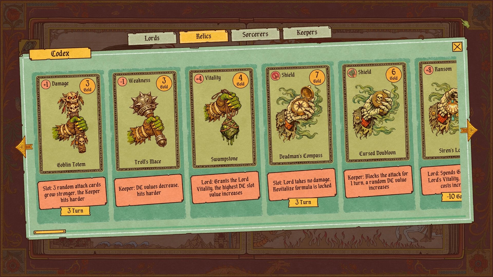 Vaethorn: Codex Relics tab showing artifact cards like Goblin Totem and Deadman's Compass UI menu.