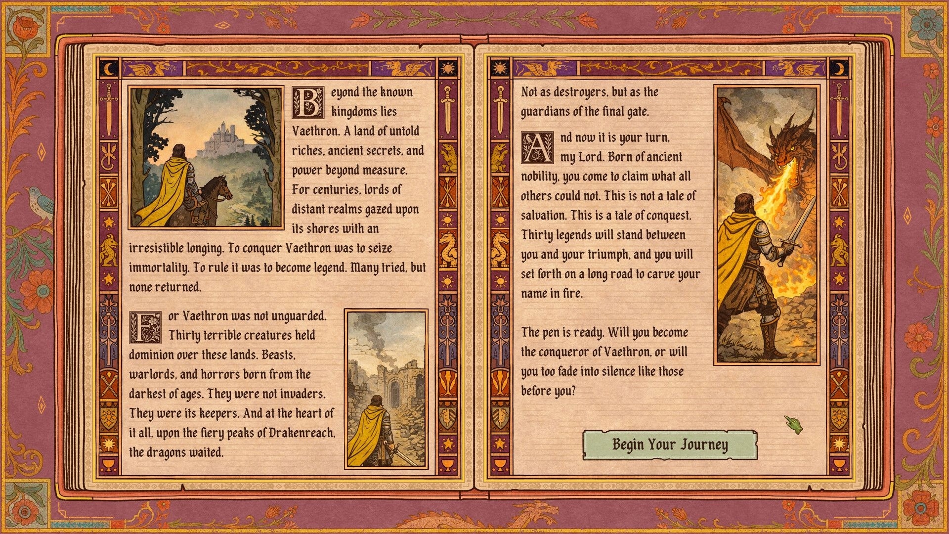 Vaethorn: Storybook prologue pages with illustrated knight and dragon, plus Begin Your Journey button.